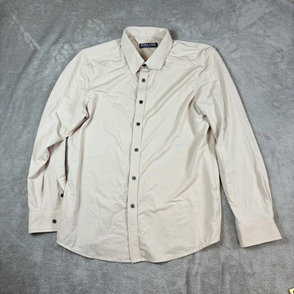 PJ Paul Jones Shirt Mens M Button Down Long‎ Sleeve Textured Tan Beige Stretch